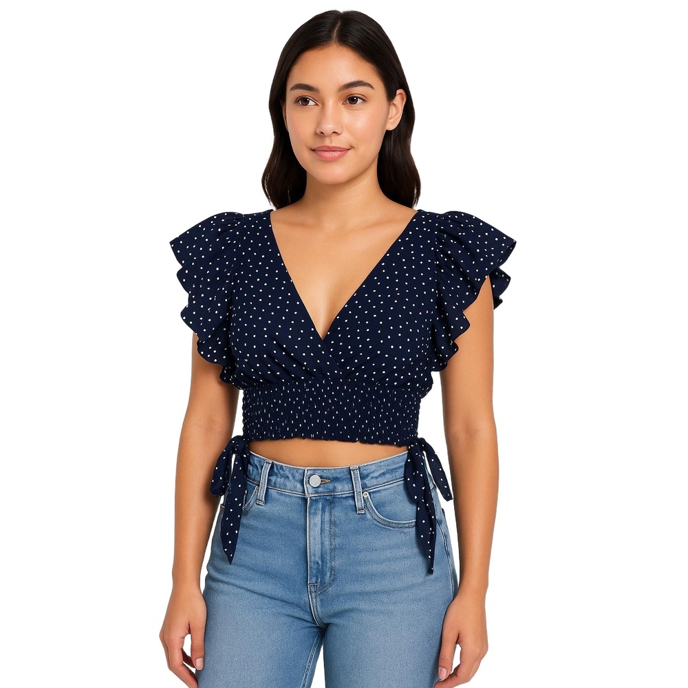 Navy Polka Dot Ruffled‎ Sleeve Crop Top Womens Medium